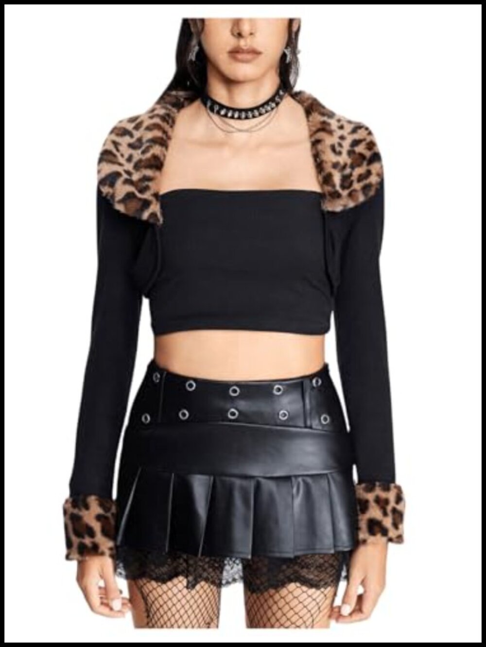 Faux Fur Leopard Crop Coat Open Front Long Sleeve Shrug Outerwear